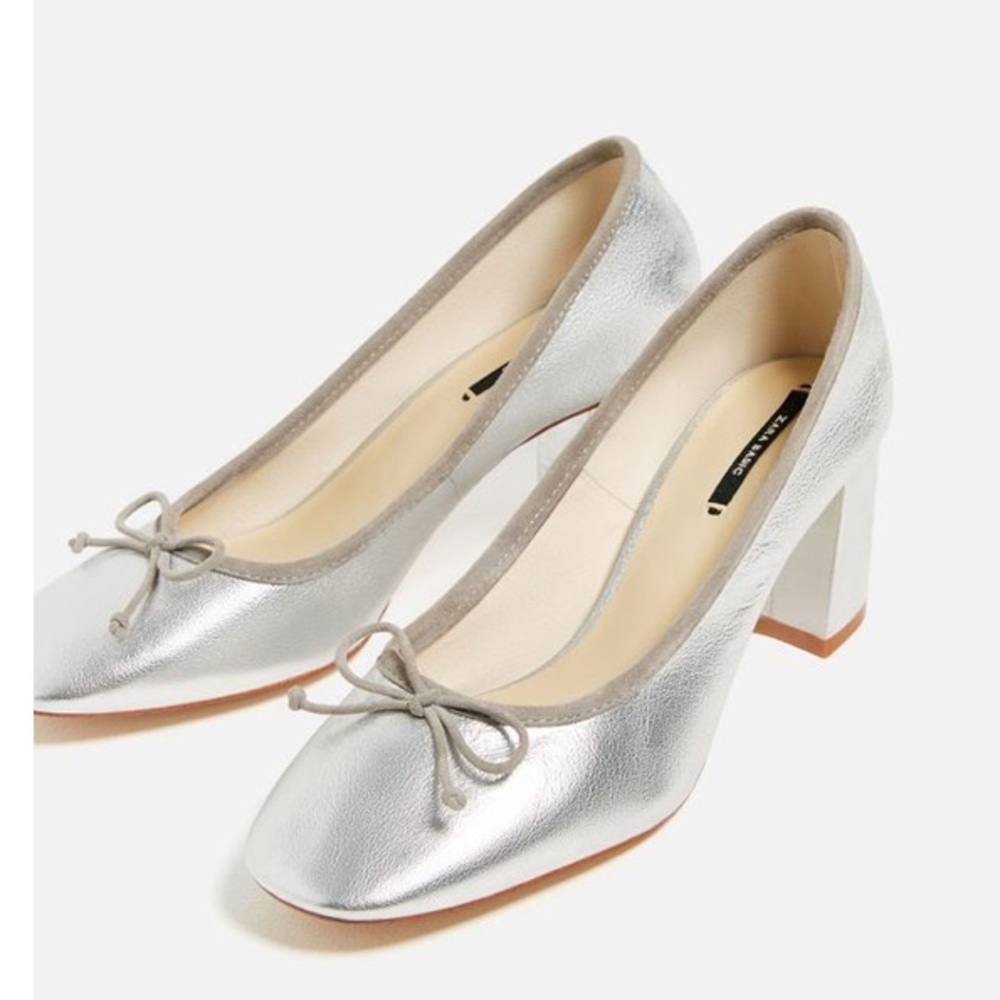 NWT Zara Silver Leather Heeled Ballerinas Size 5
